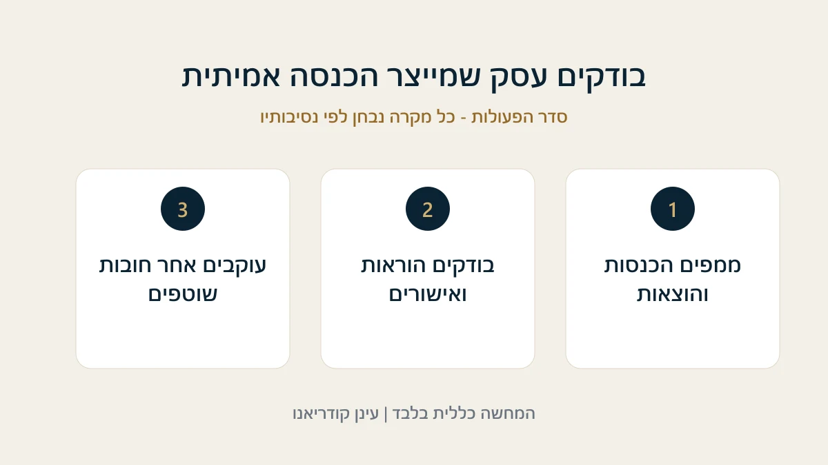 בודקים עסק שמייצר הכנסה אמיתית ממפים הכנסות והוצאות - בודקים הוראות ואישורים - עוקבים אחר חובות שוטפים